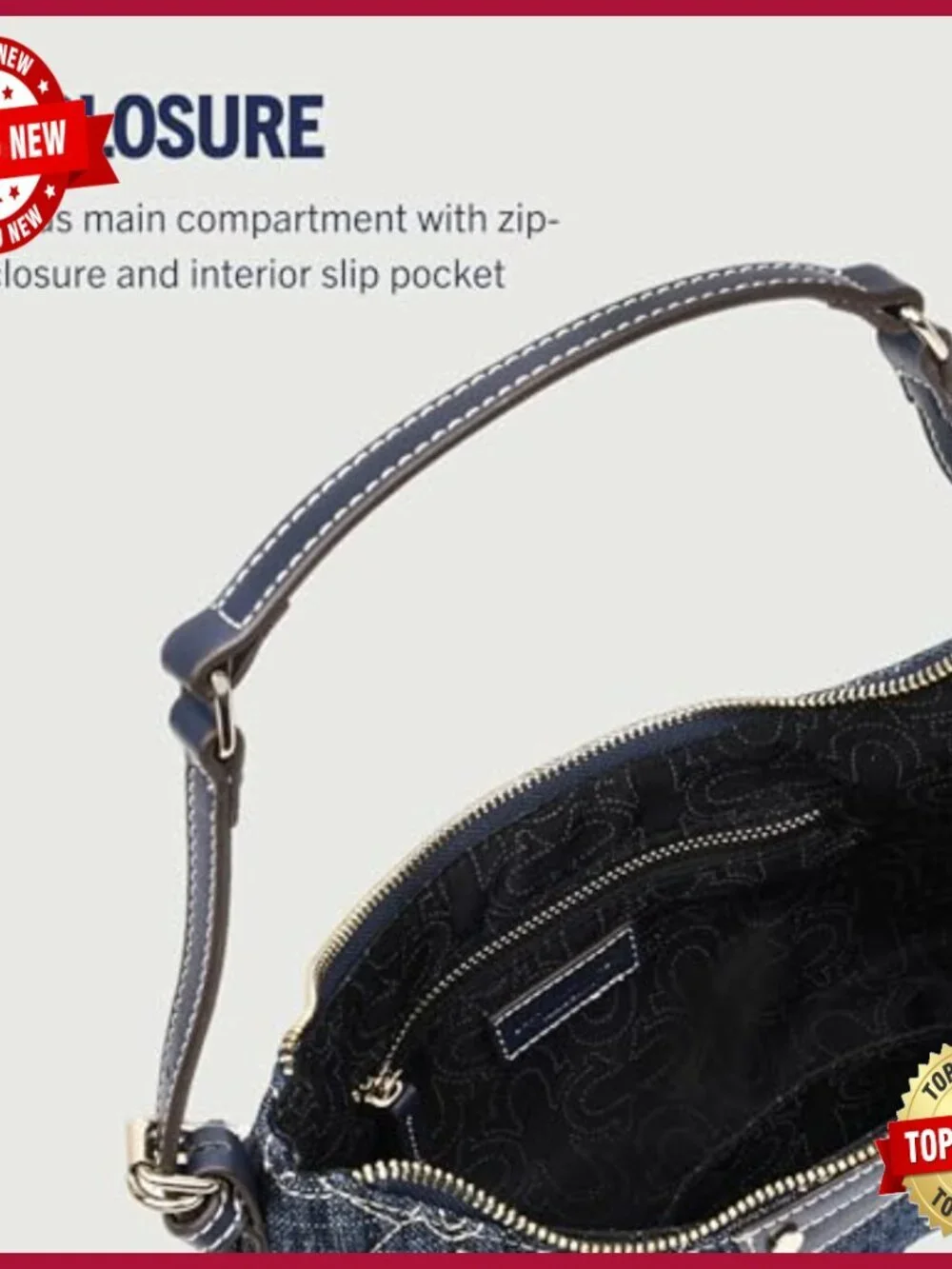 Studded Denim Shoulder Bag Quilted Horseshoe Pattern Gold Hardware